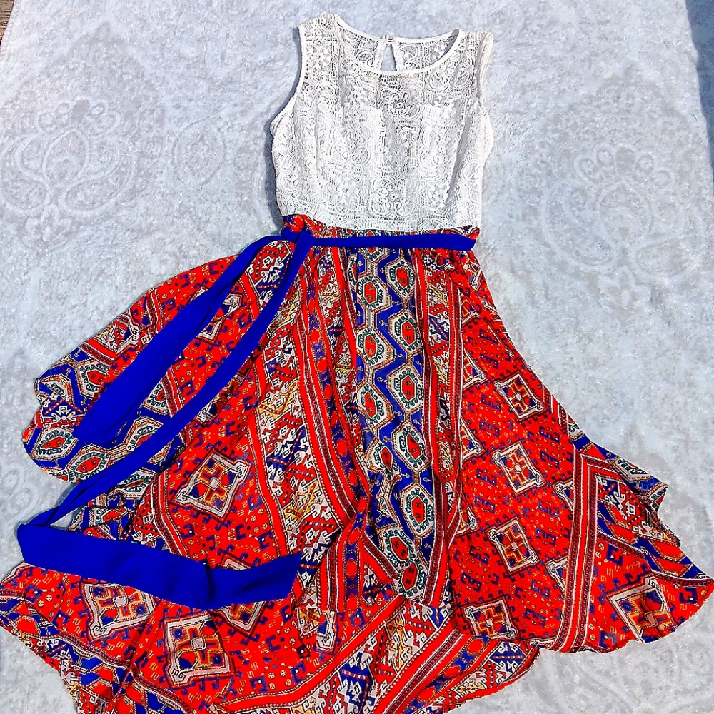 White Lace with Red Patterned Dress.